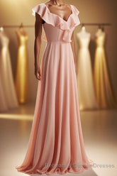 Peach Ruffles A-lline Chiffon Long Bridesmaid Dress with Tie Back